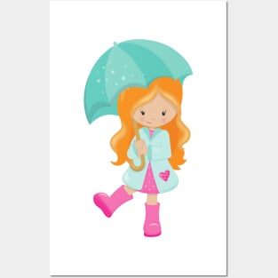 Girl With Umbrella, Girl In Raincoat, Orange Hair Posters and Art